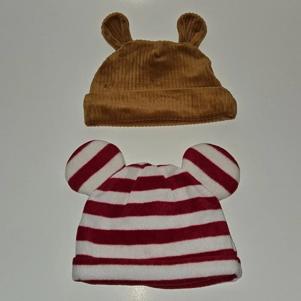 2 Disney Baby Hat Lot Ribbed Winnie Pooh 0-6 M Red White Striped Mickey 9-12 M